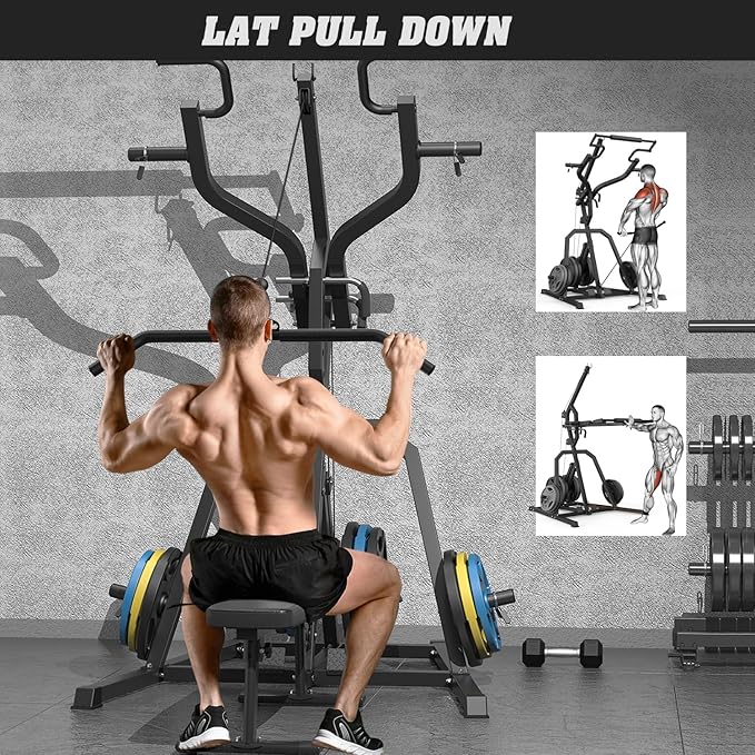 DONOW Leverage Gym Power Rack Squat Rack Lever Gym with LAT Low Row System Home Gym System Workout Station 2:1 Ratio (Without Weight Plates)