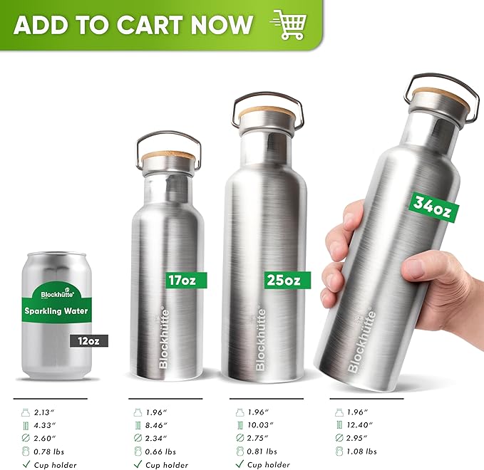 Blockhütte Vacuum Insulated Stainless Steel Water Bottle I 17 oz I Wide Mouth Metal Bottle for hot and cold drinks I BPA-Free I perfect for Travel, School I Kids, Adults, Water Canteen, Sports, flask