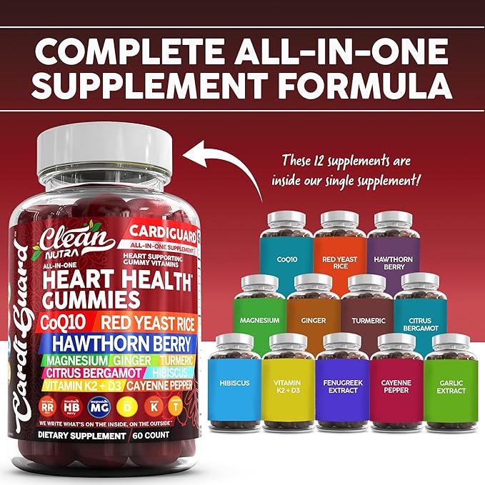 Clean Nutraceuticals Coq10 Gummies | Red Yeast Rice Hawthorn Berry Ginger Turmeric Citrus Bergamot Hibiscus Vitamin K2+D3 Magnesium Glycinate Cayenne Pepper Fenugreek Orange Flavor CardiGuard