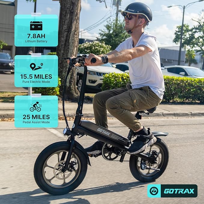 Gotrax S3 Electric Bike, 16x3.0 Fat Tire Electric Bicycle Adults, 750W Peak Motor, Max Range 25 Miles, Up to 20 Mph, Removable Battery, Adjustable Seat, Folding Electric Bike for Adults/Teens 13+