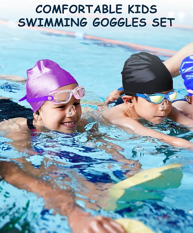Kids Swim Goggles, Swimming Goggles for Kids Toddlers 3-14 with Swim Cap, Nose Clip, Nose Bridge, Ear Plugs