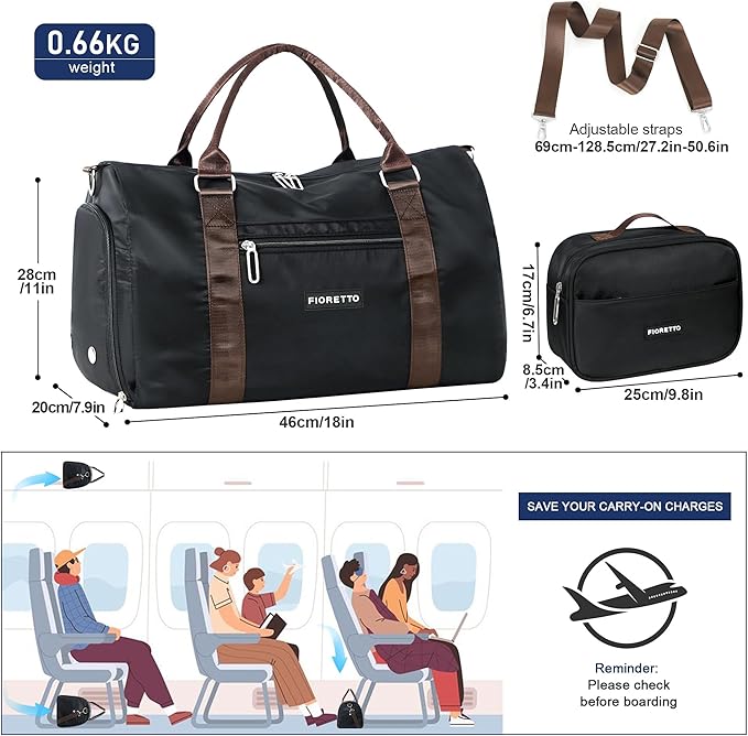 FIORETTO Womens Gym Tote Duffle Bag with Toiletry Bag, Sports Duffel Overnight Hospital Workout Carry on Bag for Girls with Wet Pocket & Shoe Compartment, Ideal for Travel, Swimming, Black & Brown