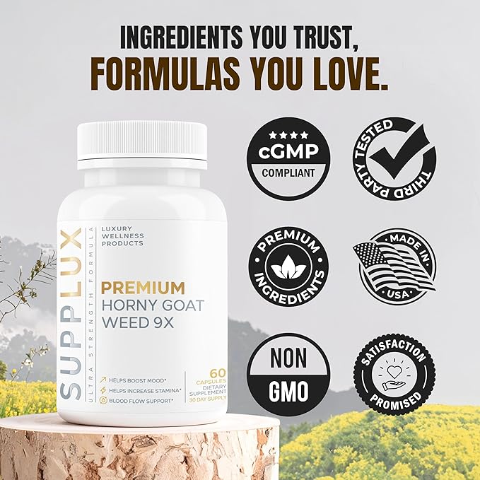 Premium Horny Goat Weed + 9 Ingredients - Performance Pills for Men for Fast Acting Blood-Flow, Build Muscle & Supports Men's Health | 9 Backed Ingredients | 3rd Party Tested Supplement - 60 Pills