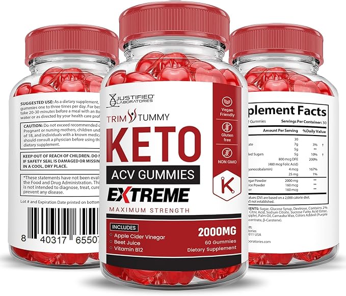 Justified Laboratories (2 Pack Trim Tummy Keto ACV Gummies Extreme 2000MG Trim Tummy Keto Gummies Apple Cider Vinegar Formulated with Pomegranate Beet Juice Powder B12 Vegan Non GMO 120 Gummys