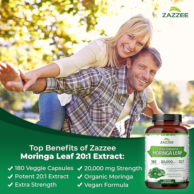 Zazzee Organic Moringa 20:1 Extract, 20,000 mg Strength, 180 Vegan Capsules, 100% Pure Oleifera Leaf Superfood, Concentrated and Standardized 20X Extract, All-Natural, Non-GMO, Made in The USA