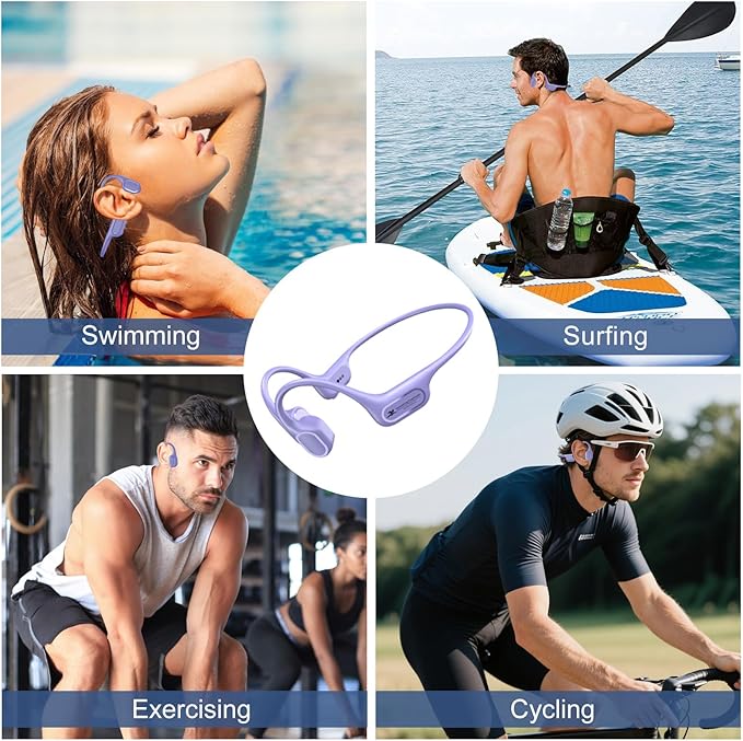 Bone Conduction Bluetooth Headphones-SurfAudio, IP68 Waterproof Swimming Headphones with 32GB MP3 Player, Lightweight Open Ear Design for Swimming/Surfing/Marathon/Cycling(Purple)