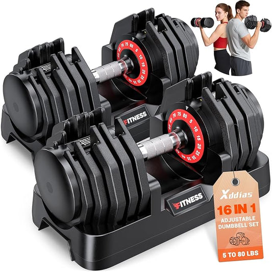XDDIAS Adjustable Dumbbell Set of 2, 25/55/80LB Dumbbell Set-1Sec Adjustable Weights-5/10 in 1 Free Weights Dumbbells Set with Effortless Tray/No-Slip Handle-Compact Size for Women/Men at Home Gym