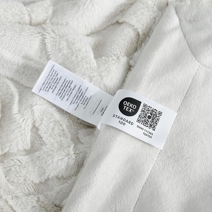 Cozy Bliss Faux Fur Throw Blanket for Couch, Jacquard Fuzzy Plush Soft Thick Winter Throw Blanket for Sofa Bed Living Room Bedroom, 90 * 90 Inches Beige