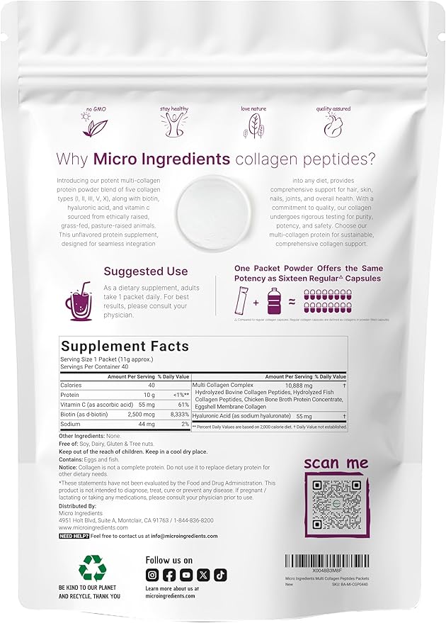 Micro Ingredients Multi Collagen Peptides Powder, 40 Stick Packs | Type I, II, III, V, X + Biotin, Vitamin C & Hyaluronic Acid | Unflavored | Supports Hair, Skin & Joint Health | Keto, Non-GMO