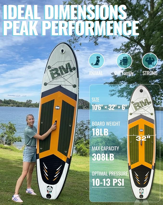 BM Paddle Board Inflatable Stand Up Paddle Board, SUP Paddleboard for Adult, Premium Accessories | Non-Slip EVA Deck & Foam Handles, Camera Mount, Double Action Pump, 85L Travel Backpack
