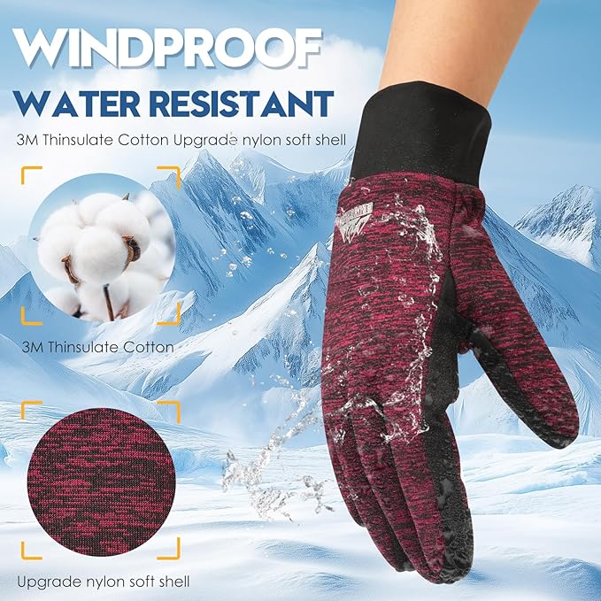 Bruvoalon Winter Gloves for Women & Men, 3M Thermal Insulation, Lycra Fabric, Windproof, Touchscreen, Anti-Slip, Cold Weather
