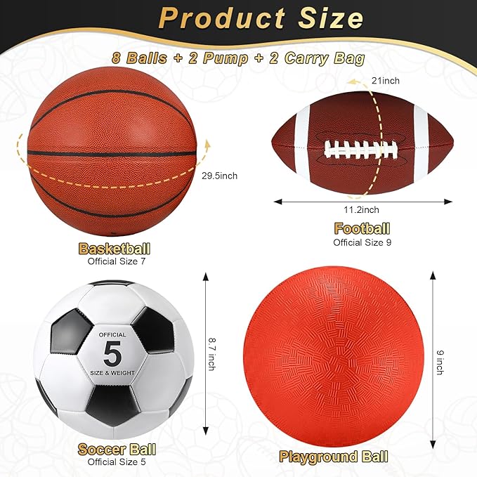Deekin 8 Pcs Sports Balls Set for Kids Adult Assorted Football Basketball Soccer Playground Balls Official Size with Bags Pumps Outdoor Sports Equipment Athletic Gift Back to School