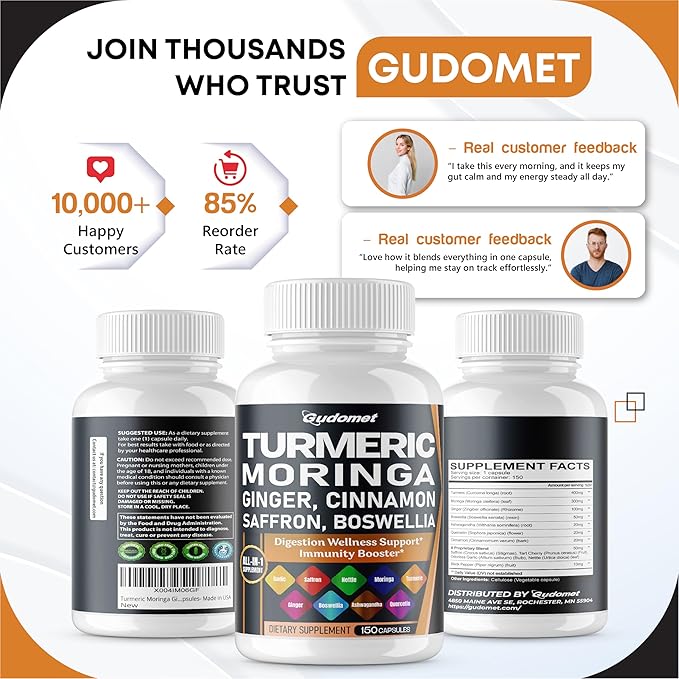 Turmeric Moringa Ginger Boswellia Quercetin Cinnamon Saffron Tart Cherry Odorless Garlic Nettle -150 Capsules- Made in USA