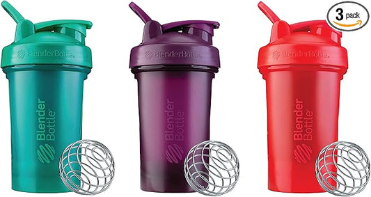 BlenderBottle Classic V2 Shaker Bottle Perfect for Protein Shakes and Pre Workout, 20-Ounce (3 Pack), Red, Green, Plum