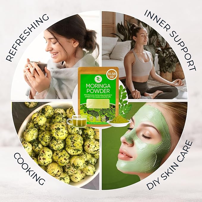 Moringa Leaf Powder - 10.58 oz, 100% Pure & Natural, For Tea, Drinks, Cooking & Skincare, Supports Digestion, Immune, Sleep & Relaxation, Finely Ground, No Sugar, No Caffeine