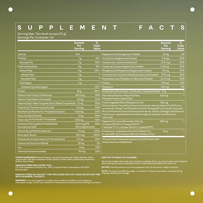 LTH Fuel Vegan & All-in-One - Trusted by Life Time Fitness Members - 30g Protein - Plant-Based Protein Meal Replacement - Vitamins, Minerals, Digestive Enzymes & Probiotics - Chocolate, 20 Servings