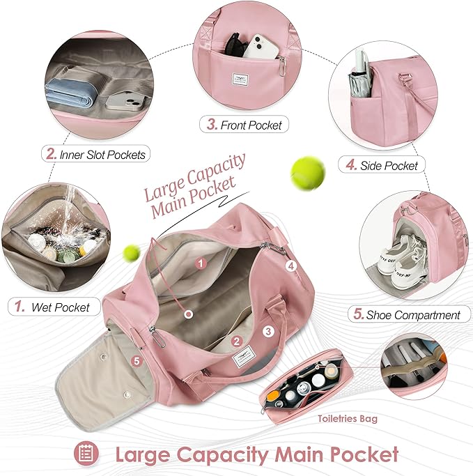 FIORETTO Womens Gym Tote Duffle Bag with Toiletry Bag, Sports Duffel Overnight Hospital Workout Carry on for Girls with Wet Pocket & Shoe Compartment, Ideal for Travel, Swimming, Dance Pink