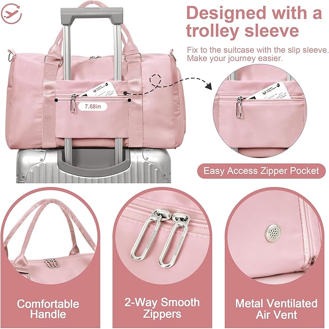 FIORETTO Womens Gym Tote Duffle Bag with Wet Pocket & Shoe Compartment, Sports Duffel Overnight Weekender Hospital Workout Carry on Bag for Girls, Ideal for Travel, Swimming, Dance, Ballet Pink