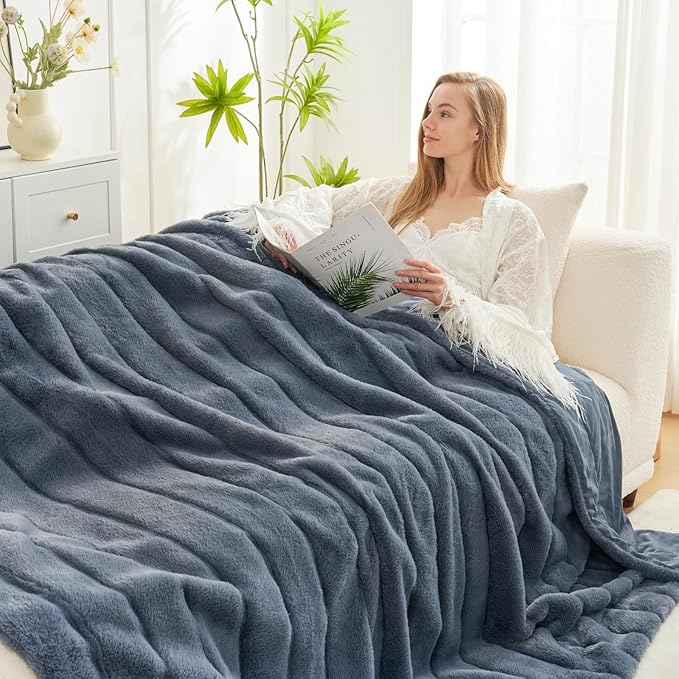 Cozy Bliss Faux Fur Throw Blanket for Couch, Cozy Warm Plush Striped Blanket for Sofa Bedroom Living Room, 90 * 90 Inches Blue