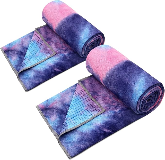 Eunzel 2 Pack Yoga Towel,Hot Yoga Mat Towel with Grip Dots Sweat Absorbent Non-Slip for Hot Yoga, Pilates and Workout 24" x72,Purple & Blue (2 Pack)