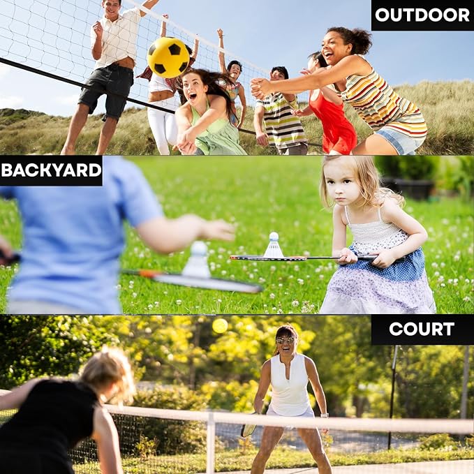 Complete Badminton Sets (10FT/17FT) Adjustable Width, Adjustable Height (2.8/5.1/7.4FT), Badminton Pickleball Volleyball Set with Net, 4Racket+4Paddels+Volleyball for Outdoor Family Game.