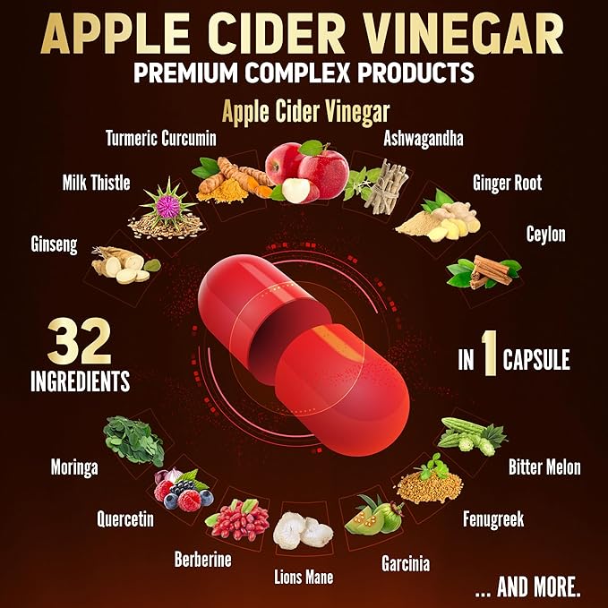 Zolotus 32 in 1 Apple Cider Vinegar Capsules with Turmeric, Cinnamon, Milk Thistle, Elderberry, Quercetin for Support Digestion, Immune 120 Capsules
