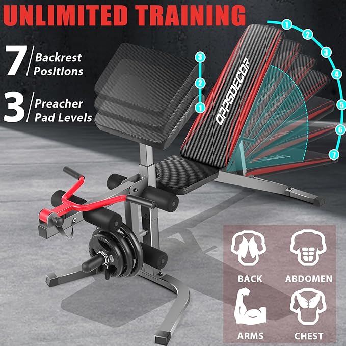 OPPSDECOR 900LBS Adjustable Weight Bench Press with Leg Extension and Preacher Curl Pad, Flat Incline Decline Utility Workout Bench for Home Gym Exercise