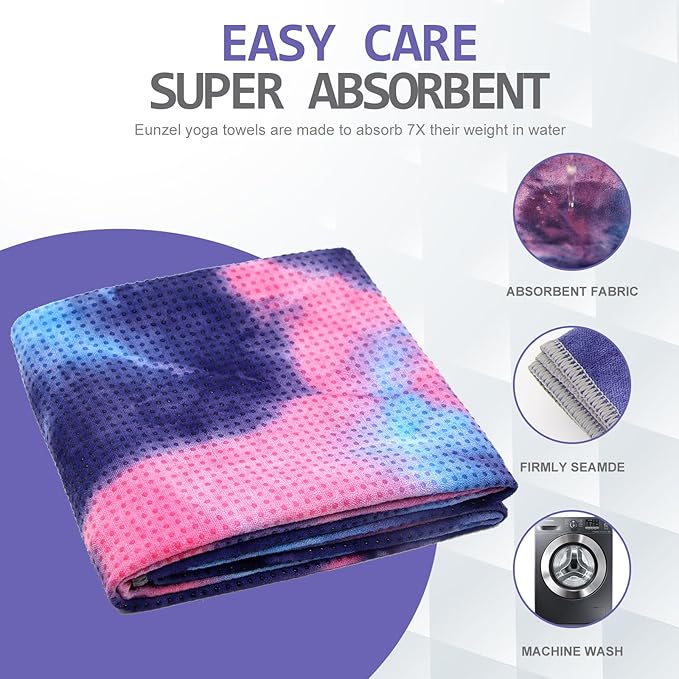 Eunzel 2 Pack Yoga Towel,Hot Yoga Mat Towel with Grip Dots Sweat Absorbent Non-Slip for Hot Yoga, Pilates and Workout 24" x72,Purple & Blue (2 Pack)