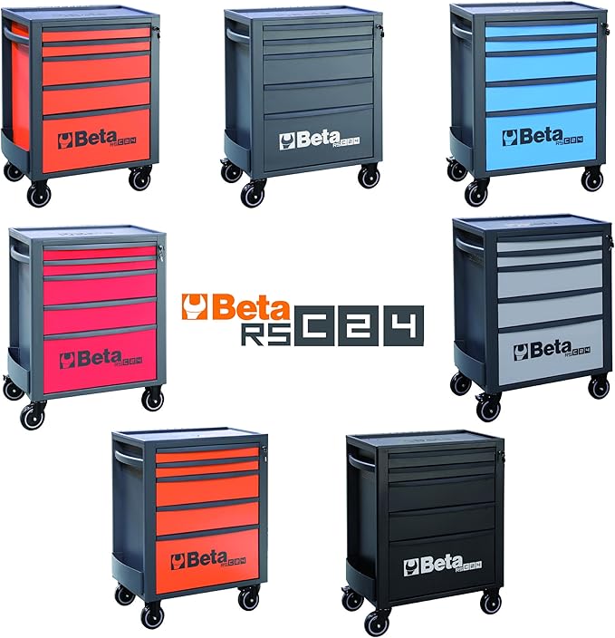 Beta RSC24 Heavy Duty Rolling Tool Cabinet, 8 Drawers, Orange, Ball Bearing Slides, Rubber Mat Liners, 5" Casters, Anti-Fall Edge Worktop, 1760 lbs Load Capacity, Made in Italy
