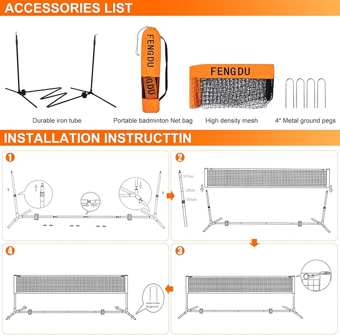 Portable Badminton Net Set, Adjustable Height Tennis Net, Kids Volleyball,Soccer Net Easy Setup Nylon Sports Net with Poles for Backyard, Indoor, Outdoor, Beach
