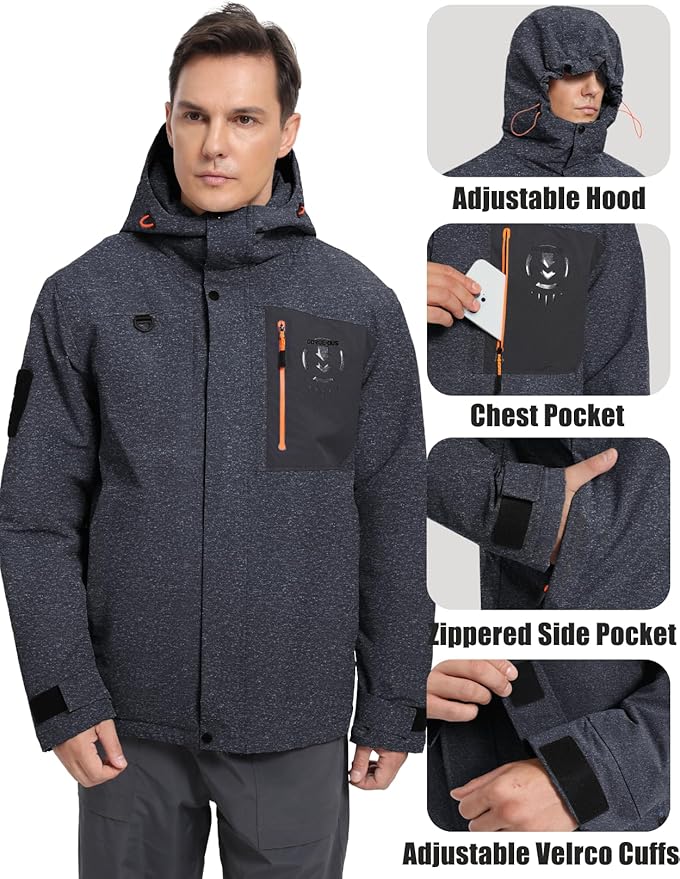 Men's Winter Jacket Waterproof Ski Snow Coat Windproof Snowboard Hooded Raincoats with Warm Graphene lining