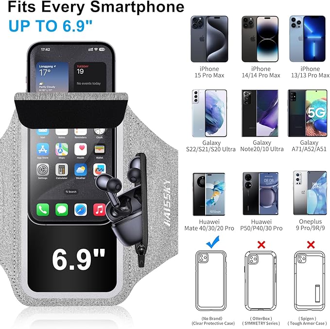 Cell Phone Running Armband with Earbuds Zipper Pocket Armband Case Running Holder For iPhone 16 Pro Max/15/14 Pro Max/13/12 /11 Pro Max/XS/XR ,Galaxy S20 S10,Sweatproof Arm Band with Card/Key Bag