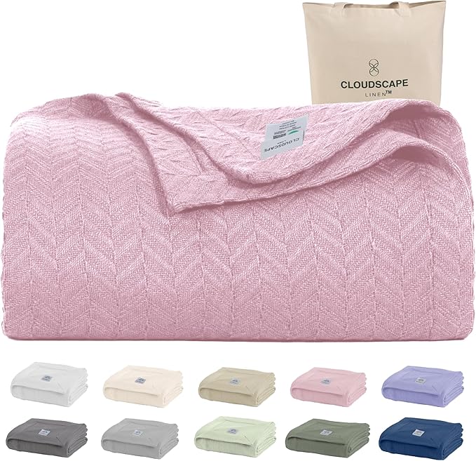 Cloud Scape Linen Herringbone Cotton Throw Blanket for Couch, Bed,Sofa, Home Decor, Soft, Lightweight, All-Season Bed Blanket, 50 x 70, Seashell Pink