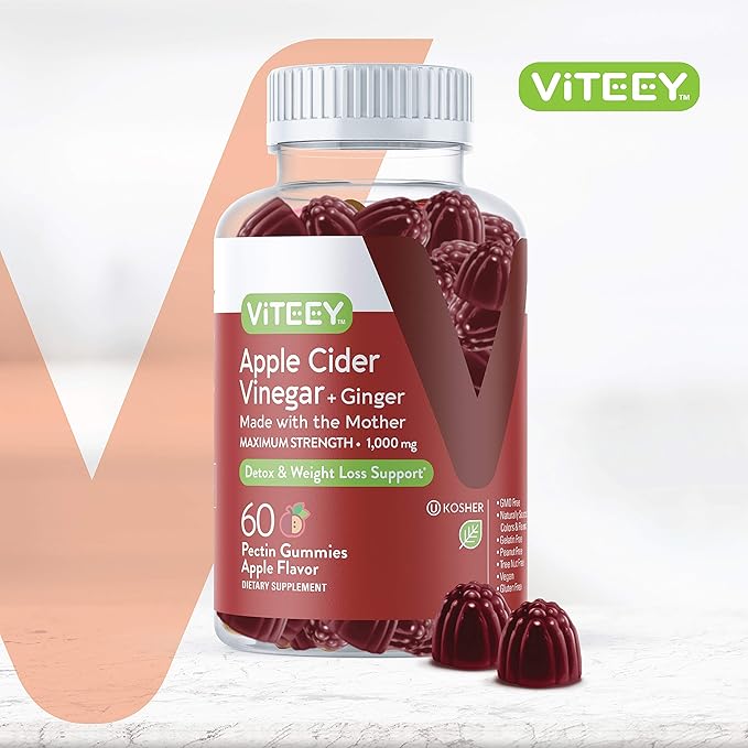 Viteey Apple Cider Vinegar Gummies and Ginger – 1000 mg ACV Gummies for Weight Loss, Detox and Digestion – Vegan, Gluten-Free – 60 Count