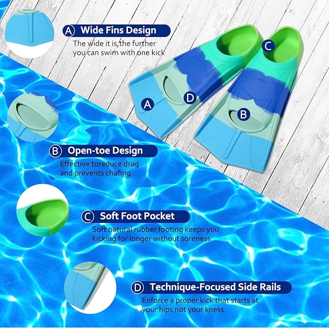 Kids Swim Fins,Short Kids Fins Youth Swimming Flippers for Lap Swimming Training for Children Girls Boys Beginners