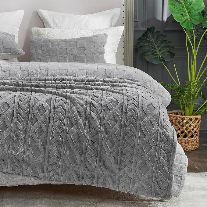 Cozy Bliss Faux Fur Throw Blanket for Couch, Jacquard Fuzzy Plush Soft Thick Winter Throw Blanket for Sofa Bed Living Room Bedroom,50"x60" Grey