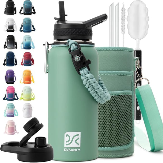 Insulated Water Bottle | Thickened Stainless Steel Vacuum Metal | Portable Sports Water Jug for Gym and Hiking with Straw, Carrier Bag, Handle Strap | BPA-Free 32 oz