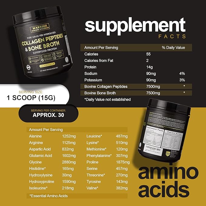 Premium Collagen Peptides Bone Broth Powder: Grass Fed Hydrolyzed Collagen Boost for Healthy Skin, Nails, Hair, Joints, Muscles, Bones, Digestion, Keto Friendly, Unflavored