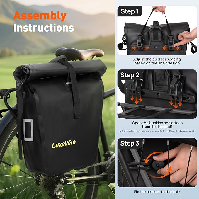 Bike Pannier Bag 27L Waterproof Bicycle Rear Rack Bag, Large Capacity Expandable Cargo Rack Bag with Reflective Strips, Adjustable Buckles for Cycling Traveling Commuting