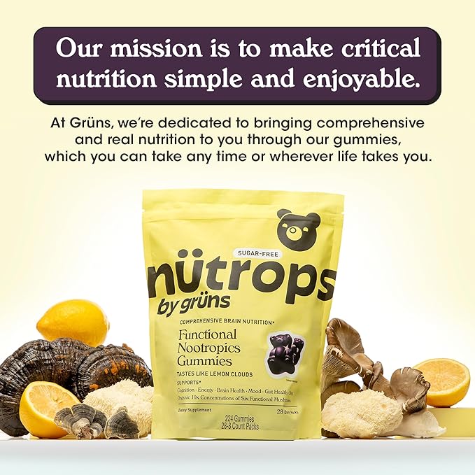 Nutrops Lions Mane Mushroom Gummies for Adults, Functional Nootropics, Herbal Brain Supplement for Energy, Brain Health, Cognitive, Memory & Focus, Reishi, Chaga, Cordyceps, Coriolus, 28 Daily Packs