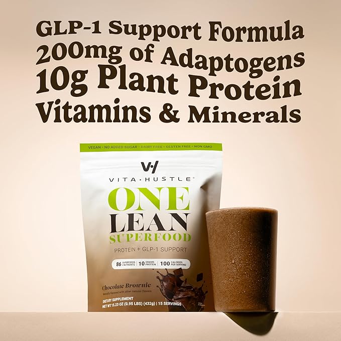 VitaHustle ONE Superfood Lean Protein Powder, All-in-One Nutrition Shake, 10g Plant Protein, Multivitamins, Ashwagandha, Low Calorie, Postbiotics, 15 Servings