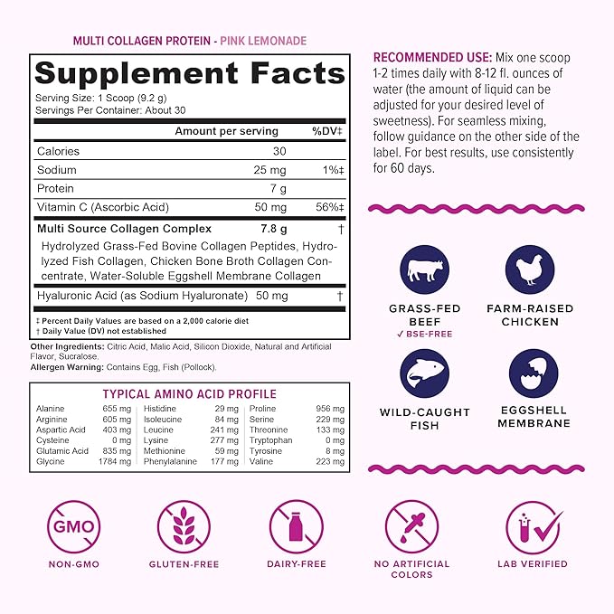 Multi Collagen Peptides Powder for Women - Hydrolyzed Flavored Collagen Powder for Women with Types I II III V & X Vitamin C & Hyaluronic Acid for Hair Skin and Nails (Pink Lemonade) - 30 Servings