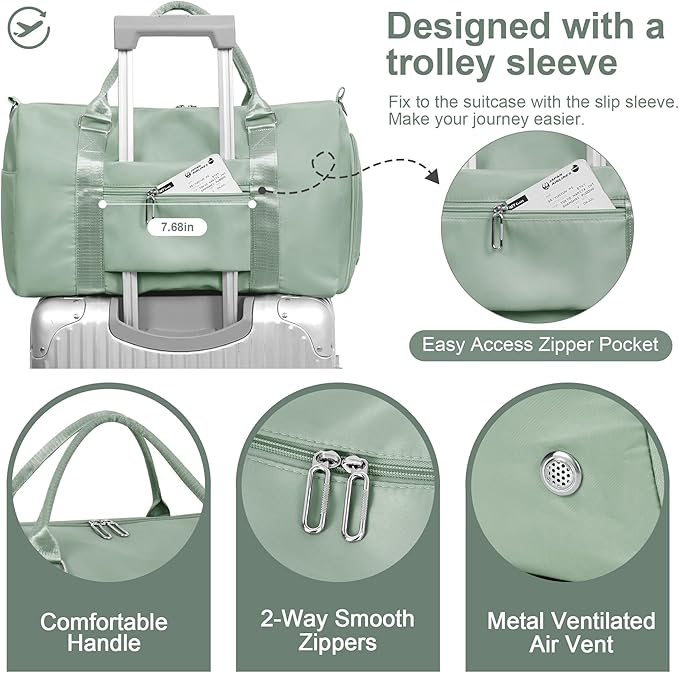 FIORETTO Womens Gym Tote Duffle Bag with Wet Pocket & Shoe Compartment, Sports Duffel Overnight Weekender Hospital Workout Carry on Bag for Girls, Ideal for Travel, Swimming, Dance, Ballet Celadon