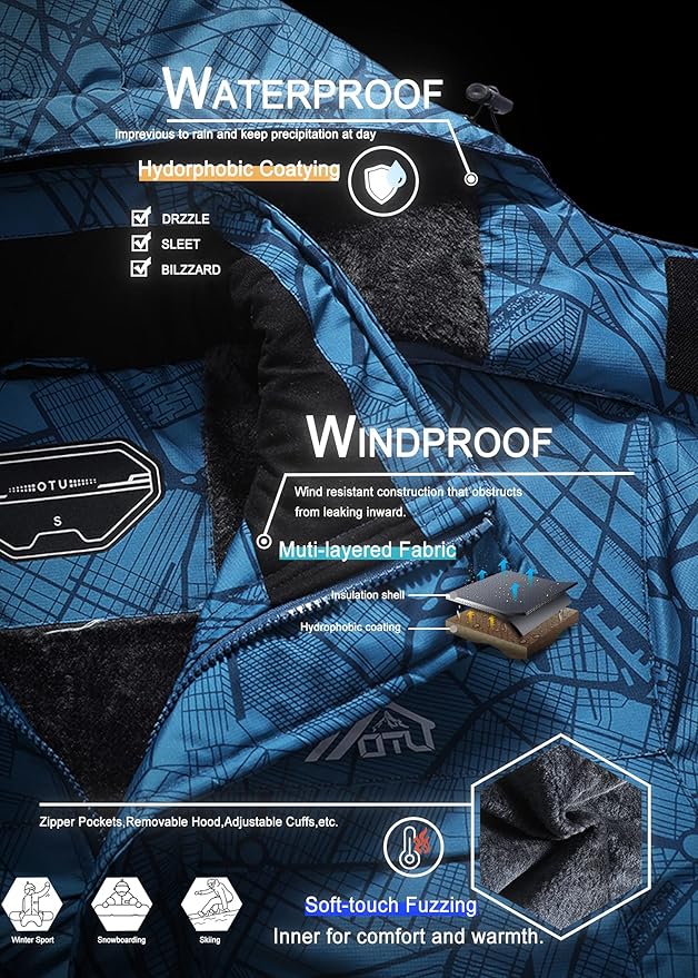 OTU Men's Waterproof Ski Jacket Snowboarding Windbreaker Warm Winter Hooded Mountain Snow Coat