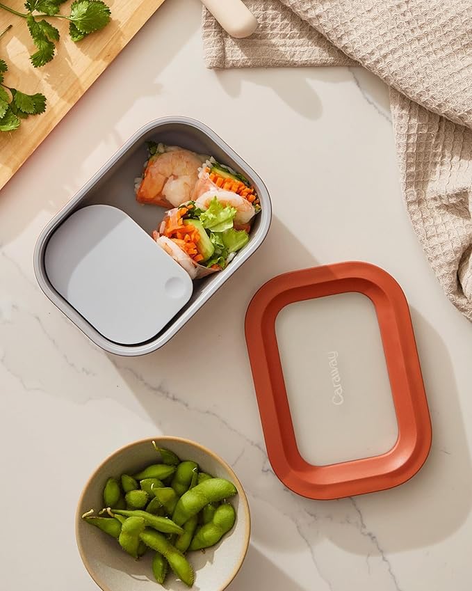 Caraway 2pc Glass Food Storage Set - 2.6 Cup Food Containers (2) - Non-Toxic Ceramic-Coated Glass - Air Release Technology - Compact & Stackable Design - Cream