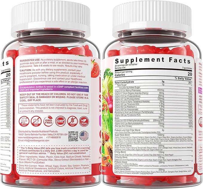 Super Reds Gummies, Fruit and Veggie Supplement w/40+ Superfoods, Polyphenol, Fruits Berries, Super Greens, Beet Root Powder Alternative, Support Energy, Antioxidants, Gut Health, Immunity, 60Cts