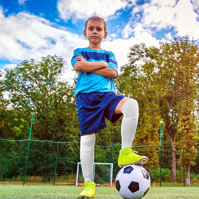 Youth Soccer Shin Guard Socks, Built-in Protective Pads, Kids Knee High Football Athletic Team Socks for Boys Girls