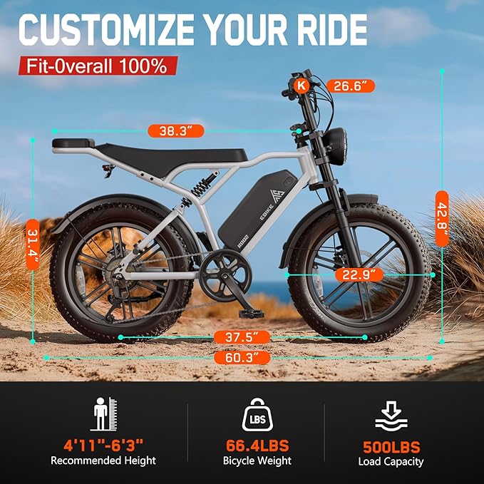 TST Electric Bike for Adults 1500W Peak 20" Fat Tire All-Terrain E-Bike 60/110 Miles 28MPH Electric Dirt Bike for Road Sand Mountain Snow - 48V 15/25AH Battery Powered Electric Motorcycle