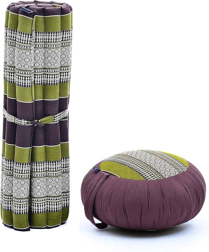 Leewadee Meditation Cushion Set – 1 Round Zafu Meditation Pillow and 1 Square Roll-Up Zabuton Meditation Mat, Pillows Bundle Filled with Kapok