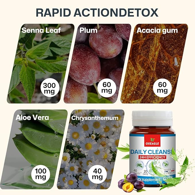 Gut Cleanse Detox for Women, Colon Cleanse & Gentle Herbal Supplements for Men, Powered with Senna Leaves, Plum, Chrysanthemum, Acacia Gum & Aloe Vera–40 Capsules (A01)